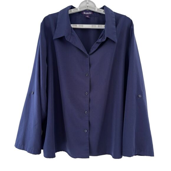 Roaman's Button Front Shirt Navy Blue Roll‎ Tab Sleeves Women’s Plus Size 24W - Picture 1 of 7